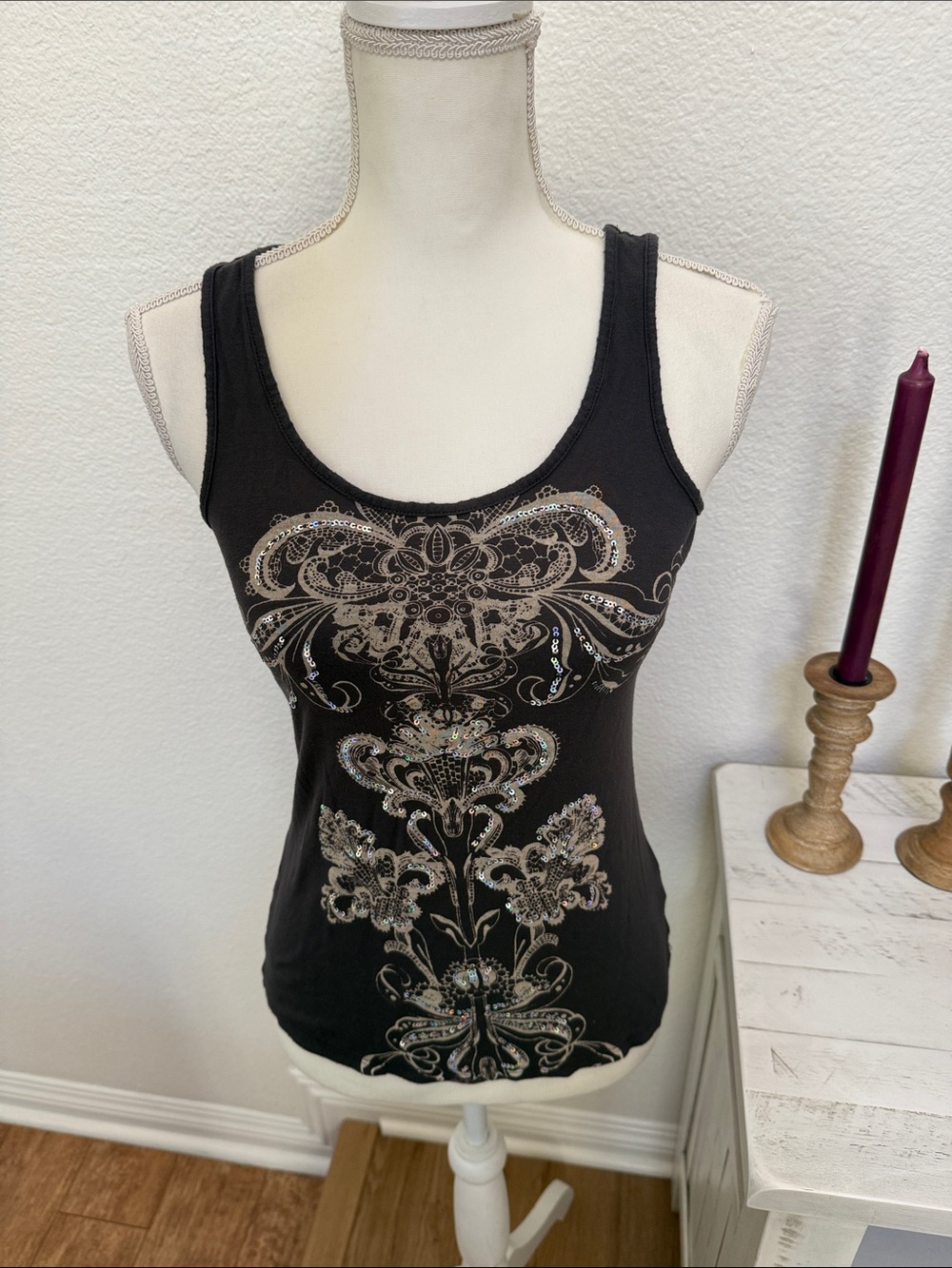 Y2K Grunge Black Embellished Tank Top with Silver Scroll Design